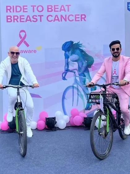 Having some fun on the cycles before the Nanavati Max "Ride to Beat Breast Cancer" event kicked off.