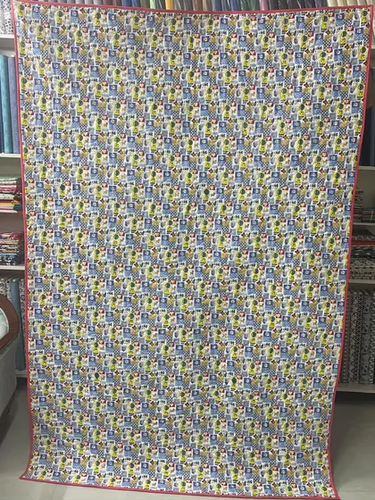 The fun, cartoon-themed backing fabric for the scrappy quilt.