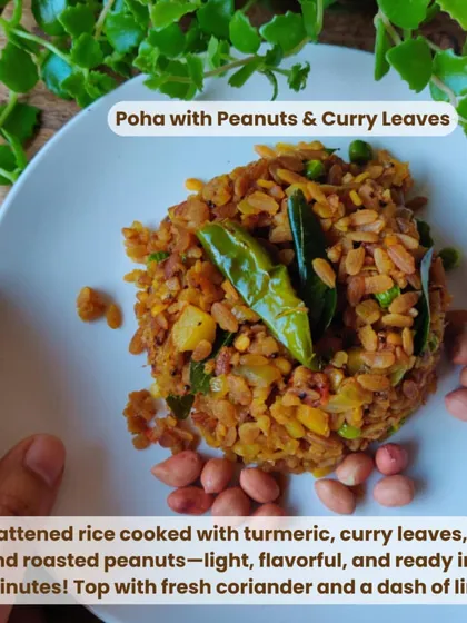 A quick and light Indian breakfast: Poha. Made with flattened rice, turmeric, curry leaves, and roasted peanuts, it's flavorful and ready in minutes.