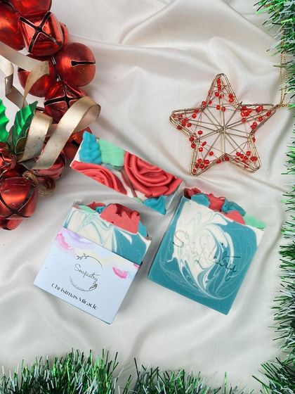 The Christmas Wreath soap, with beautiful hand-piped roses. A truly special bar for the holidays.