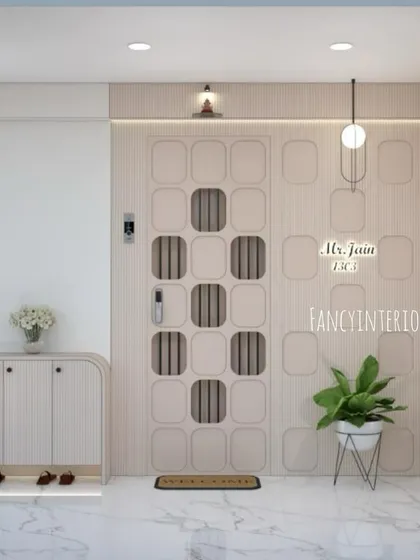 A 3D render of an alternative entrance door design. This version features a grid of rounded squares with jaali cutouts, showing how I offer clients different creative options.