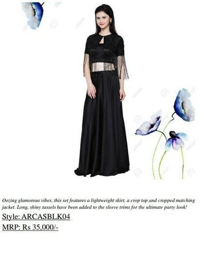 This catalogue shot presents a glamorous black set with a lightweight skirt, crop top, and a matching jacket with shiny tassels. This ultimate party look from our AARNA collection was originally priced at Rs 35,000.