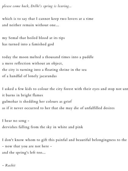 'please come back, Delhi's spring is leaving...'. A poem about love, loss, and the fleeting beauty of a city's season.