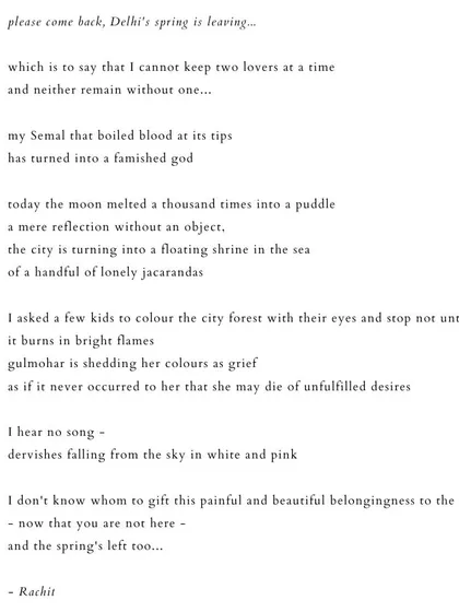 'please come back, Delhi's spring is leaving...'. A poem about love, loss, and the fleeting beauty of a city's season.