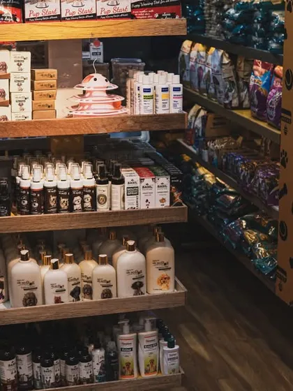 I stock a wide range of grooming products for at-home care. This shelf features various shampoos, conditioners, and supplements to keep your pet's coat healthy and shiny between spa visits.