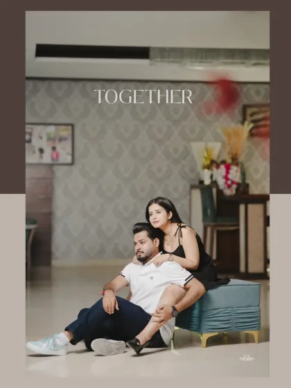 A stylish portrait of the couple sitting together, framed by modern design elements, with the word "Together" emphasizing their bond.