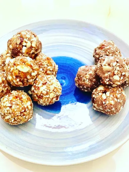 These high-protein nut laddoos are a perfect healthy sweet. Made with roasted almonds, cashews, and peanuts, and bound with a little ghee, they are a great source of energy. I also make a version with added whey protein for an extra boost.