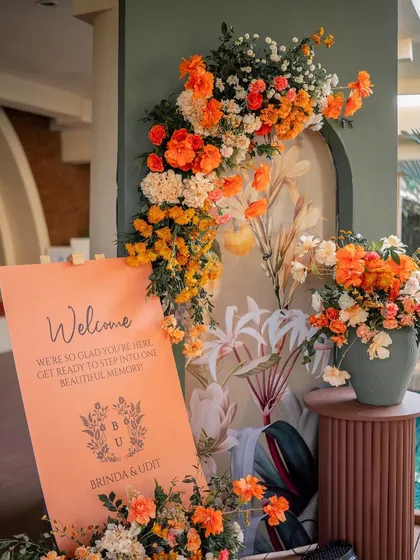 Another angle of the beautiful orange-themed welcome decor, showing how it brightens up the resort entrance.
