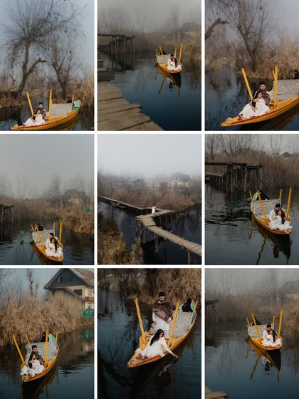 A grid showcasing a romantic shikara ride on Dal Lake. From wide, scenic shots to intimate close-ups, we tell the full story of this iconic Kashmiri experience for your pre-wedding album.