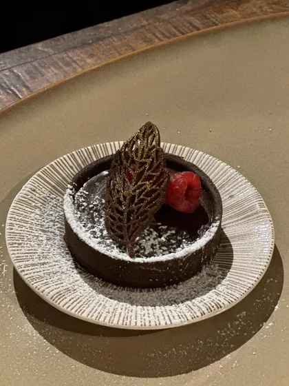 A single, perfectly crafted chocolate and raspberry tart. The dusting of powdered sugar adds a final touch of finesse to this beautiful dessert.