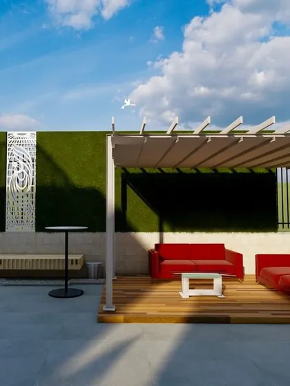 A modern terrace concept featuring a clean layout with a wooden deck under a pergola, bold red sofas, and a green wall backdrop. This design is perfect for entertaining and enjoying sunny days.