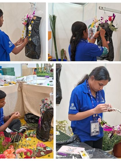 Competitors at IndiaSkills 2024 are hard at work on their surprise challenge. Our training prepares them for any task, including creating intricate floral body adornments on a mannequin.