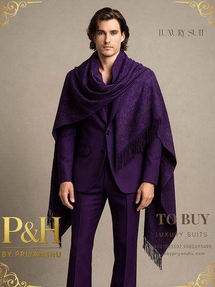 A regal purple two-piece suit styled with a matching embroidered shawl. This look redefines formalwear, blending traditional draping with sharp, modern tailoring for a majestic effect.