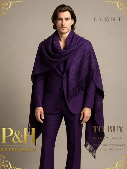 A full-length view of the purple suit and shawl combination, a statement piece for any grand celebration.