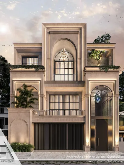 An upcoming project in West Punjabi Bagh featuring a neoclassical elevation. The design combines arched windows with modern planters and lighting for a fresh take on a classic style.
