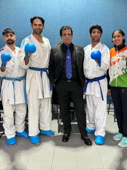 With our senior gold medalists from the 11th Commonwealth Karate Championship. Pranay Sharma, Akshay Mahara, Naveen, and Alisha all delivered winning performances in their respective kumite categories.
