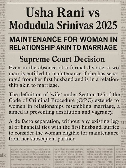 This is a landmark Supreme Court decision in the Usha Rani vs. Modudula Srinivas case. It establishes that a woman is entitled to maintenance even in a relationship "akin to marriage," expanding the definition of 'wife' under Section 125 of the CrPC to prevent destitution.