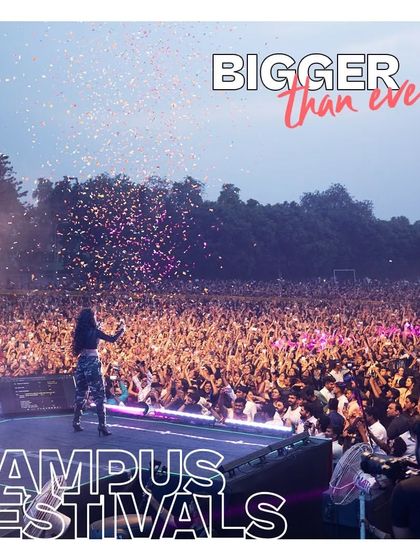 Bigger than ever. An artist on a stage ramp extending into a colossal crowd, all hands in the air.