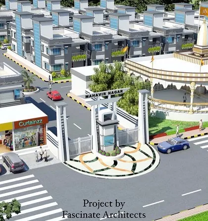 This render focuses on the entrance of the "Mahavir Nagar" development in Rajasthan. It highlights the community's planned features, including a grand entrance gate, adjacent commercial shops, and a central temple, which serve as key focal points for the township.