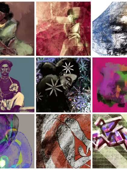 A grid showcasing a selection of my digital artworks that are available for download at affordable rates. My goal is to make art accessible to everyone.