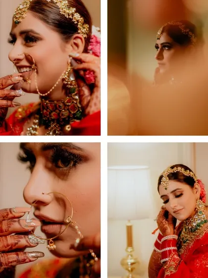 A collage of close-up bridal preparation shots. These images focus on the final touches, like putting on the nose ring, capturing the intimate moments before the ceremony.