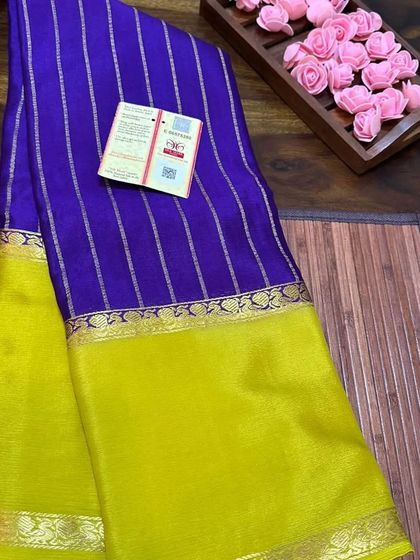 Another view of the purple and yellow wrinkle crepe Mysore silk saree.