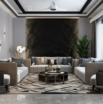 A formal drawing room in Sushant Lok, featuring a dark, textured accent wall, symmetrical furniture arrangement, and a geometric-patterned rug.