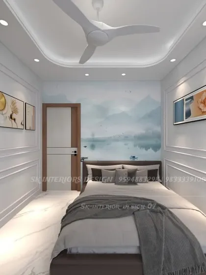 Another view of the serene bedroom, showing the full effect of the landscape mural and the clean lines of the wall molding. The design is peaceful and well-balanced.