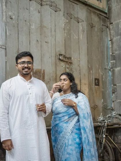 A candid moment over a cup of tea during a pre-wedding shoot, capturing the simple joys of togetherness.