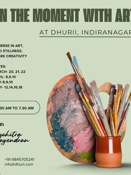 Art is a powerful tool for finding stillness and sparking creativity. This poster announces our "In the Moment with Art" sessions, where we use simple hand strokes, color play, and repetition to connect with our inner artist in a meditative morning practice.