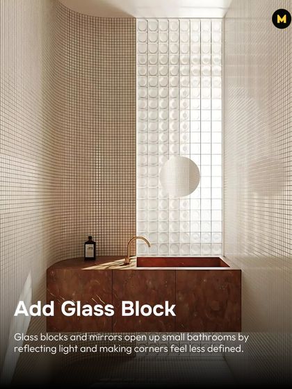 To make a small bathroom feel bigger, add glass blocks and mirrors. They open up the space by reflecting light and making the corners feel less defined, as seen in this curved bathroom design.