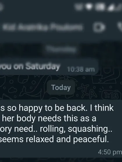 Messages like this from parents are my "life boats." This feedback shows how the sensory experience of rolling and squashing clay met a child's needs, leaving her feeling relaxed and peaceful. It affirms the deep therapeutic benefit of this work.