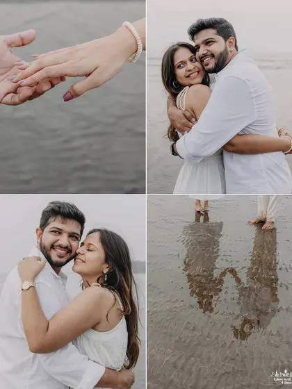 A collection of tender moments on a Mumbai beach. This quad captures everything from a close-up of their hands to warm embraces and their reflections in the sand, telling a story of intimacy.