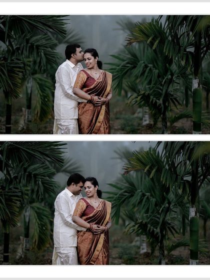 A collage of a couple sharing a tender moment in a misty, green location. The groom's kiss on the forehead is a classic expression of love.