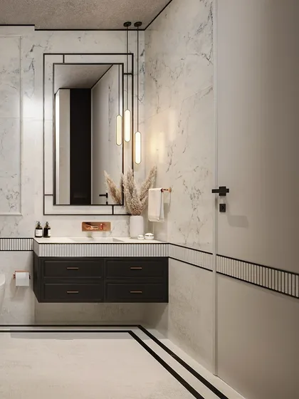 The vanity area features a floating black cabinet, a framed mirror, and modern pendant lights, creating a look that is sharp and contemporary.