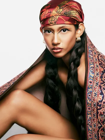 This look is a narrative woven from a tapestry. The bold, extended gel liner and tightly braided hair create a modern, graphic contrast to the rich, traditional patterns.