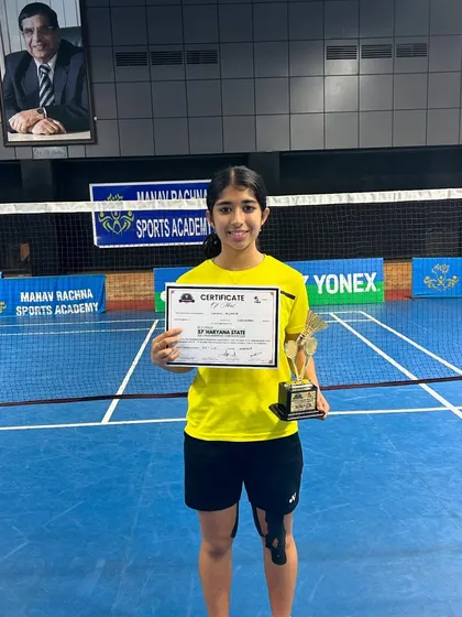 Meet one of our champions, Nandini Acharya. This is her after winning the gold medal in the U13 girls' doubles at the Haryana Badminton State Championship 2024, a testament to her dedication and our training.
