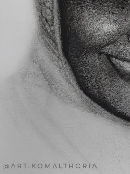 A close-up of the smile in my grandmother's portrait, showing the subtle wrinkles and folds that give a face its character.
