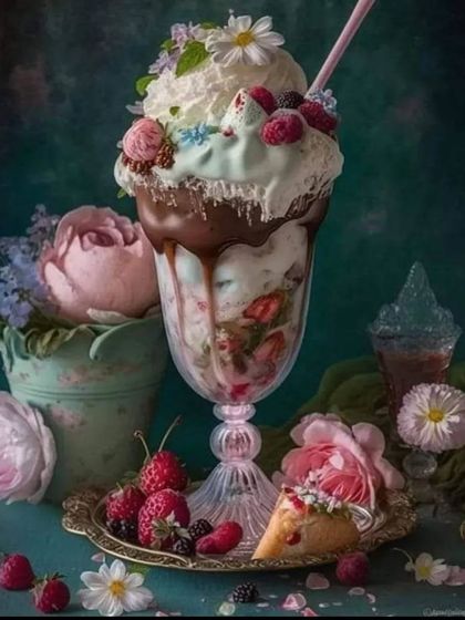 For those who love extravagant desserts, we create spectacular sundaes. This one is loaded with ice cream, fresh berries, whipped cream, and chocolate sauce, served in a tall glass for a truly indulgent treat.