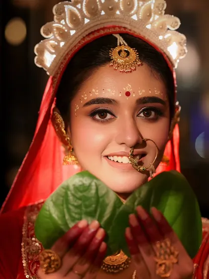 The joy of 'Shubho Drishti'. This is one of the most awaited moments in a Bengali wedding, and my goal is to capture the genuine smile and shy glance of the bride as she holds the paan pata.