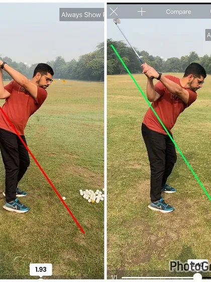 At the top of the backswing, the 'after' position is much more loaded and on-plane. This allows for a more powerful and consistent downswing sequence.