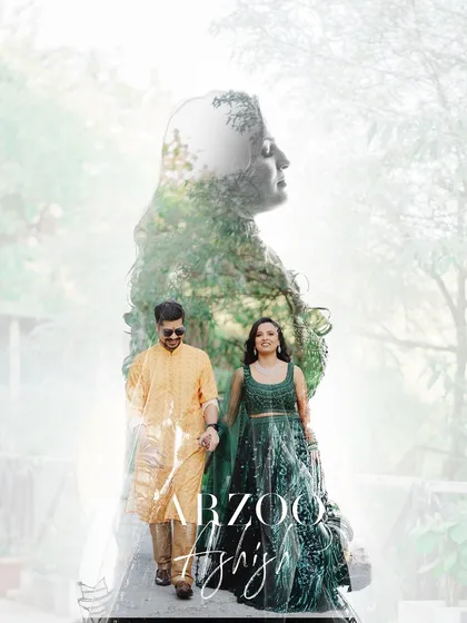 An artistic double-exposure portrait of the couple. This creative shot blends their figures with the natural surroundings, creating a unique and memorable image.
