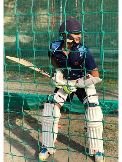 A young player, Sammy Yadav, padded up and ready for net practice. We wished him well for his participation in the Vijay Hazare Trophy.