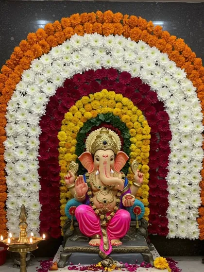 A vibrant rainbow arch made from concentric rings of marigolds and chrysanthemums in different colors. This design creates a joyful and colorful aura, perfect for a lively Ganpati celebration.