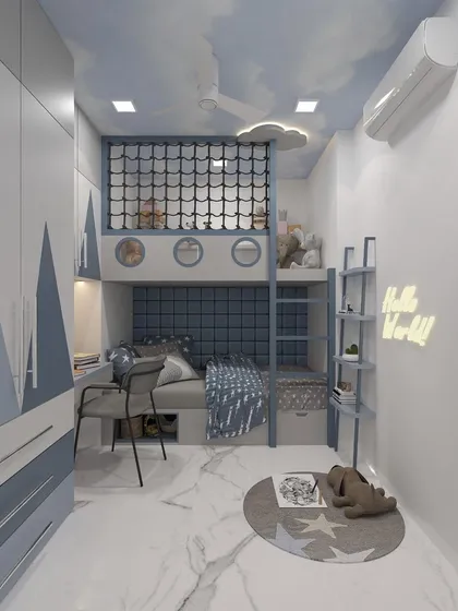 An alternate 3D render of the room, showcasing the "Hello World" neon sign and overall ambiance. This visualization helped the client see how different decor elements would come together to create a fun and inspiring environment.
