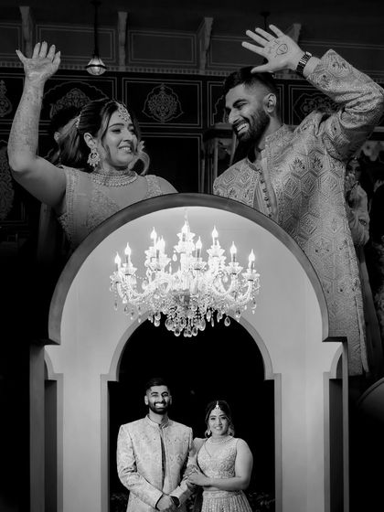 A creative black and white collage from the sangeet. It combines a formal portrait with a candid shot of them dancing, capturing both the elegance and fun of the night.