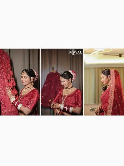 A collage showing the bride getting ready, capturing the final touches and her admiration of the wedding lehenga.