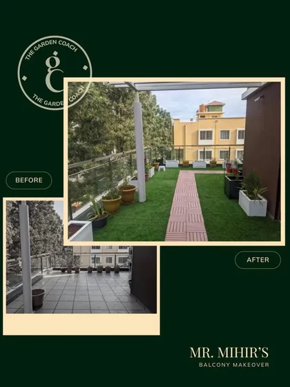 A complete balcony makeover for Mr. Mihir. By replacing the plain tiles with soft artificial grass and a tiled walkway, we created a much more inviting and usable outdoor space.