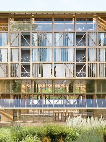 A frontal view of the proposed hotel in Kashmir, showcasing the timber-braced framework. This modern interpretation of Dhajji Dewari construction creates a visually light yet structurally robust facade suited for the region's climate and seismic conditions.