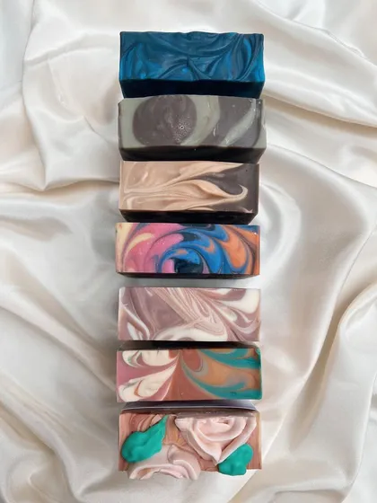 A lineup of soap tops from a recent release. The top of the soap is like a canvas where I can add texture and embeds to make each bar extra special.
